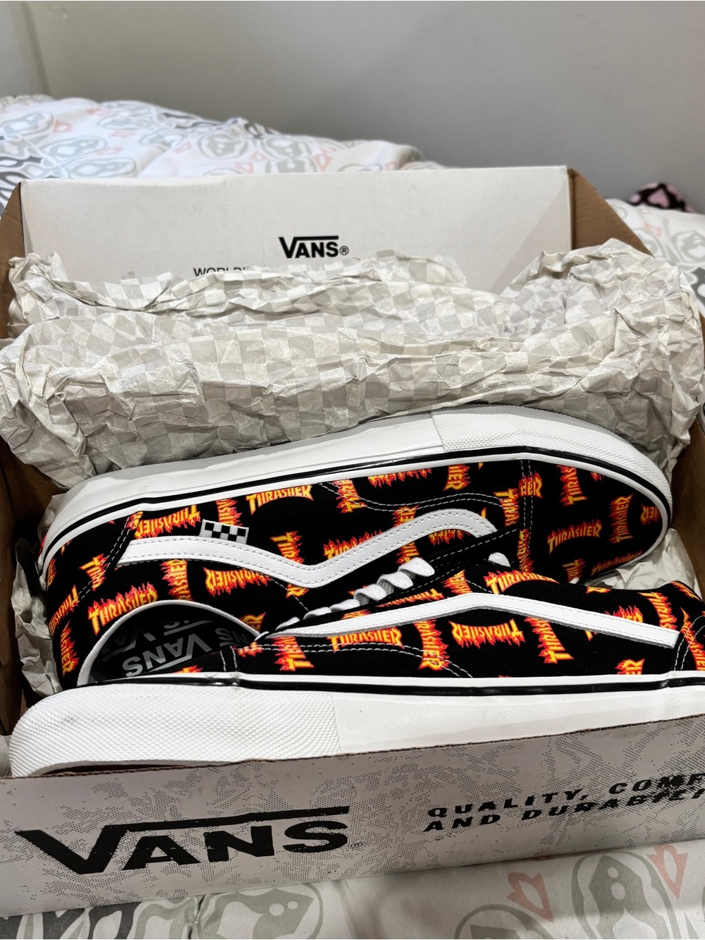 Vans Men's Classic Slip-On with Flame Logo Print - Black, Orange, White